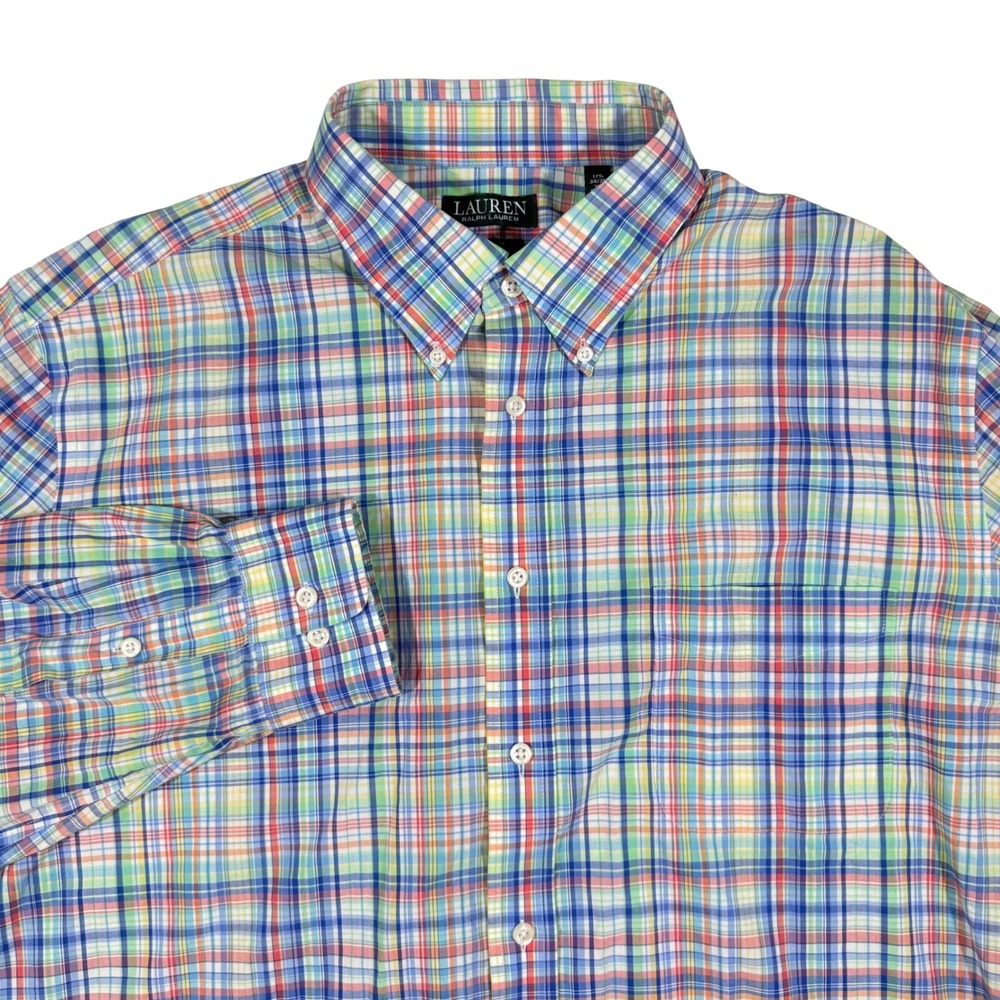 Lauren Ralph Lauren Button‎ Down Shirt Mens XL Multicolor Plaid Preppy Stretch